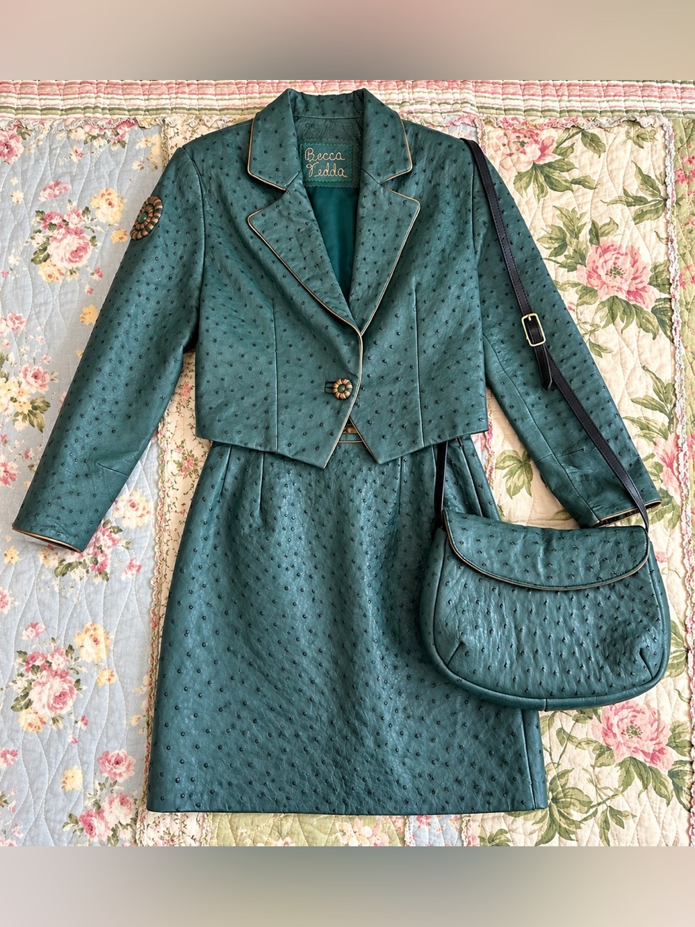Becca Gedda Signed Ostrich Leather 3-Pc Suit & Matching Handbag